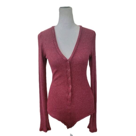 Free People‎ Keep Your Cool Waffle Thermal Bodysuit Wild County Pink Small - Picture 1 of 15